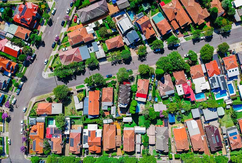 Aerial image of suburb with many houses